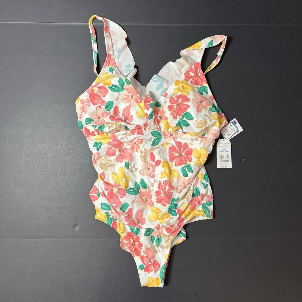 Time and Tru Womens Floral Ruched One Piece Swimsuit Multicolor Plus Size 1X NWT